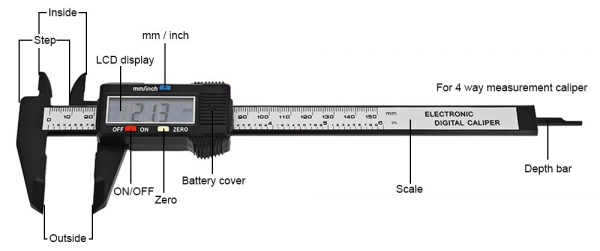  Штангенциркуль-6 дюймов/150 мм ЖК-дисплей цифровой,4 способа измерения:внутренний диаметр,внешний диаметр,глубина,шаг
