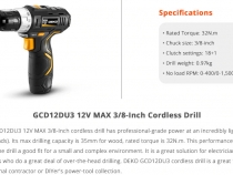 DEKO GCD12DU3 12V MAX Cordless Drill Specifications