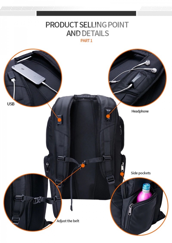 Рюкзак для ноутбука водостойкий с USB зарядкой и интерфейсом для наушников