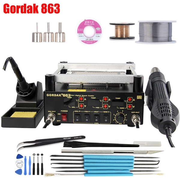 Паяльная станция Gordak 863 3 в 1 Фен + Электрический паяльник + ИК станция предварительного нагрева