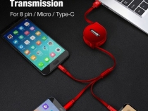 Retractable USB cable for iPhone, Micro USB, Type C Support Charging & Data Transmission